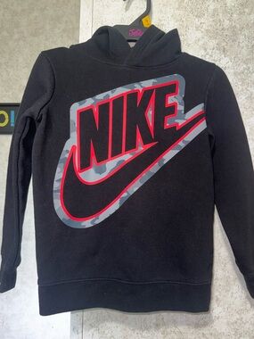 Boy’s Nike Black Hoodie with Red and Gray Camo Swoosh